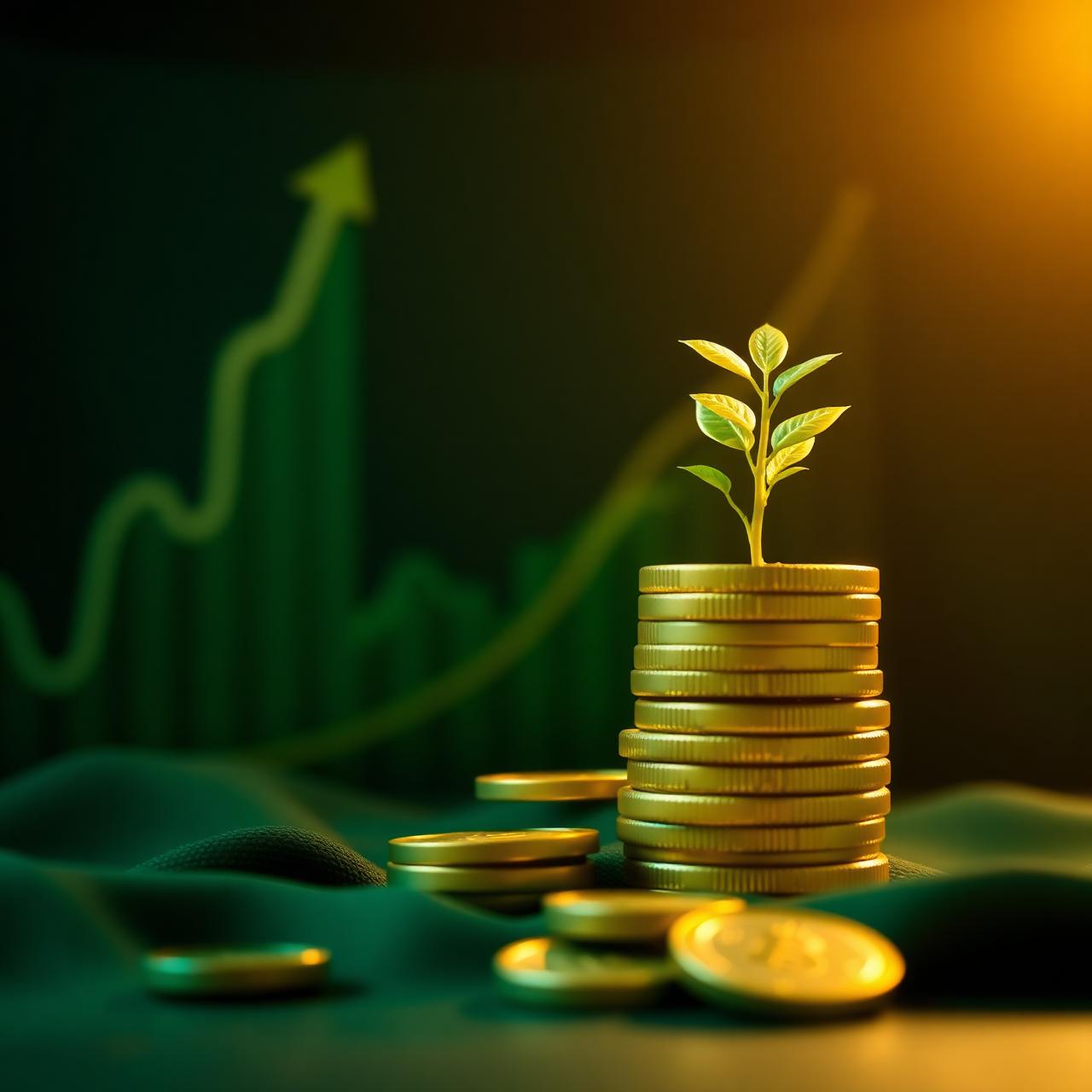 Planta crescendo em moedas de ouro representando construção de patrimônio